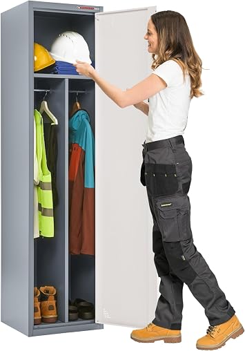 The Workplace Depot Clean/Dirty Metal Locker, Lockable Heavy Duty Steel Storage Locker with Dual Compartments & 2 Hanging Rails (Grey)