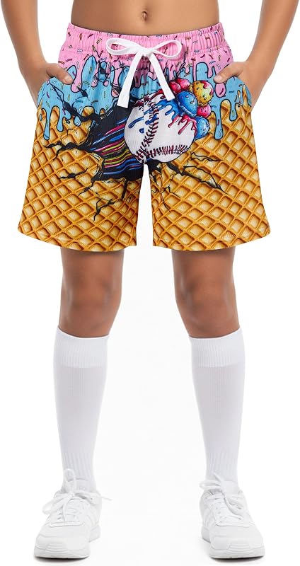 Cozople Pantalones cortos deportivos para niños Ice Cream Drip Mesh transpirable durante 5-14 años | Pantalones cortos de baloncesto con forma de helado para niños, pantalones cortos de béisbol para niños, elásticos en 4 direcciones de secado rápido para todos los deportes, diseño de bolsillos
