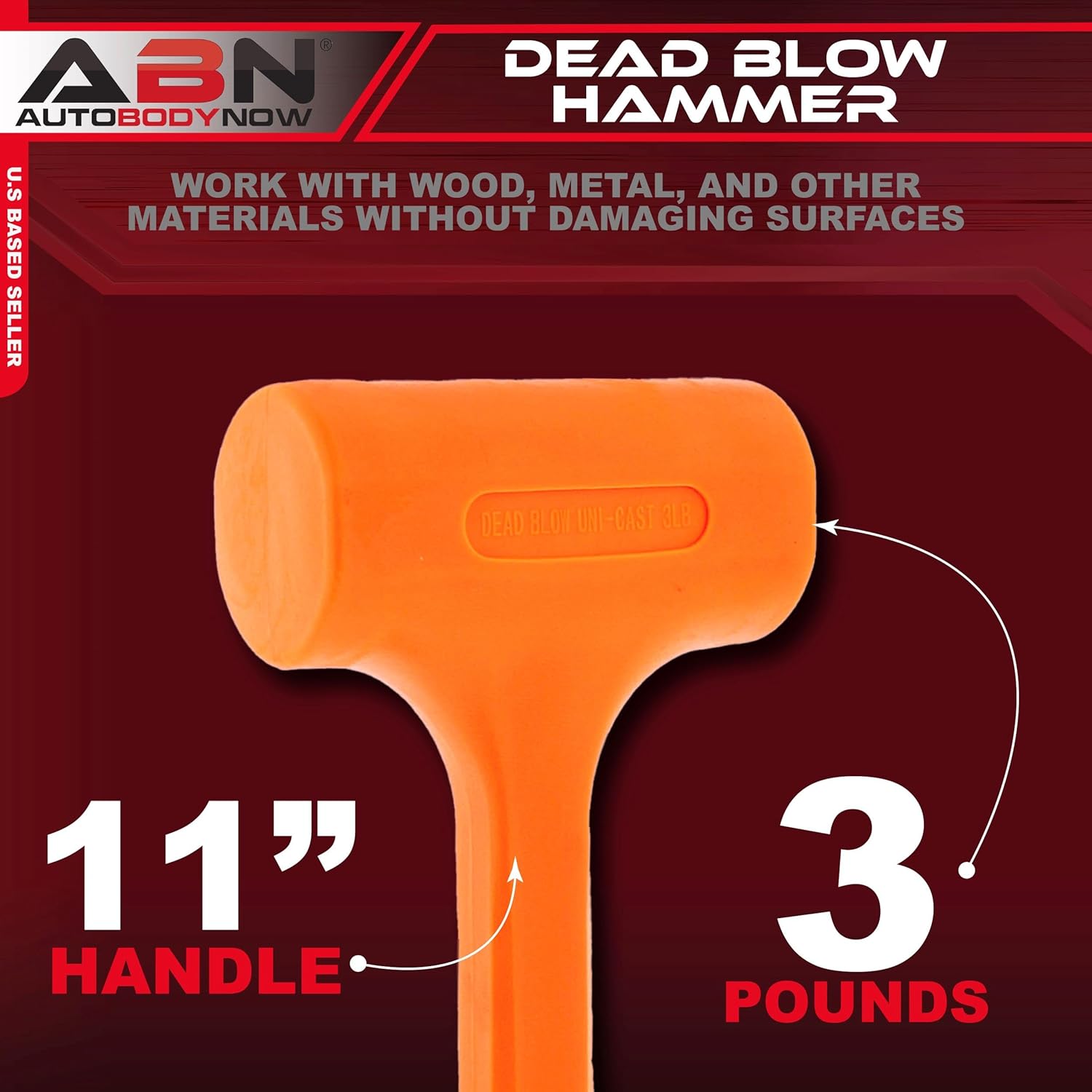 ABN Dead Blow Hammer, 3 lb Pound – Unicast Mallet with Non-Marring Rubber Coating