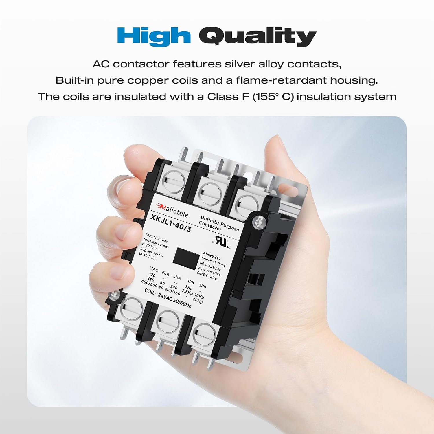 AC Contactor, Malictele 3 Pole 40 Amp Contactor 24v Coil A2L Compliant Contactor Heavy Duty HVAC Contactor for AC Unit Outdoor Compatible Condenser Compressors Refrigeration Systems Motors