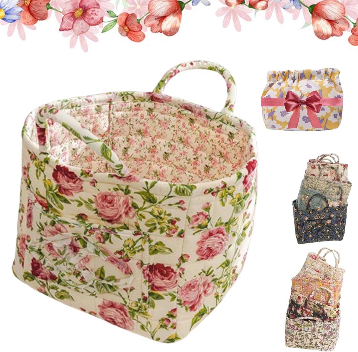 Boho Fabric Storage Basket, Large Capacity Tote Bag with Front Pocket, Boho Floral Laundry Baskets, Foldable Square-Shaped Decorative Quilted Storage Basket with Handles Home Organization (Color-P)