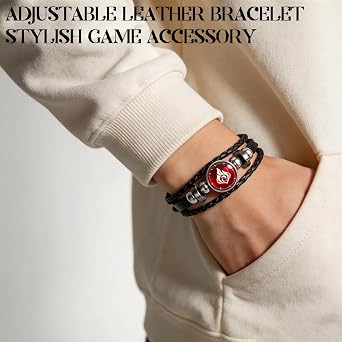 Genshin Impact Pyro Elements Leather Bracelet, Offensive Fire Attribute Unisex God's Eye Cosplay Bracelets, Adjustable Braided Rope Bangle for Fortunate Jewelry for Both Male Female Fans