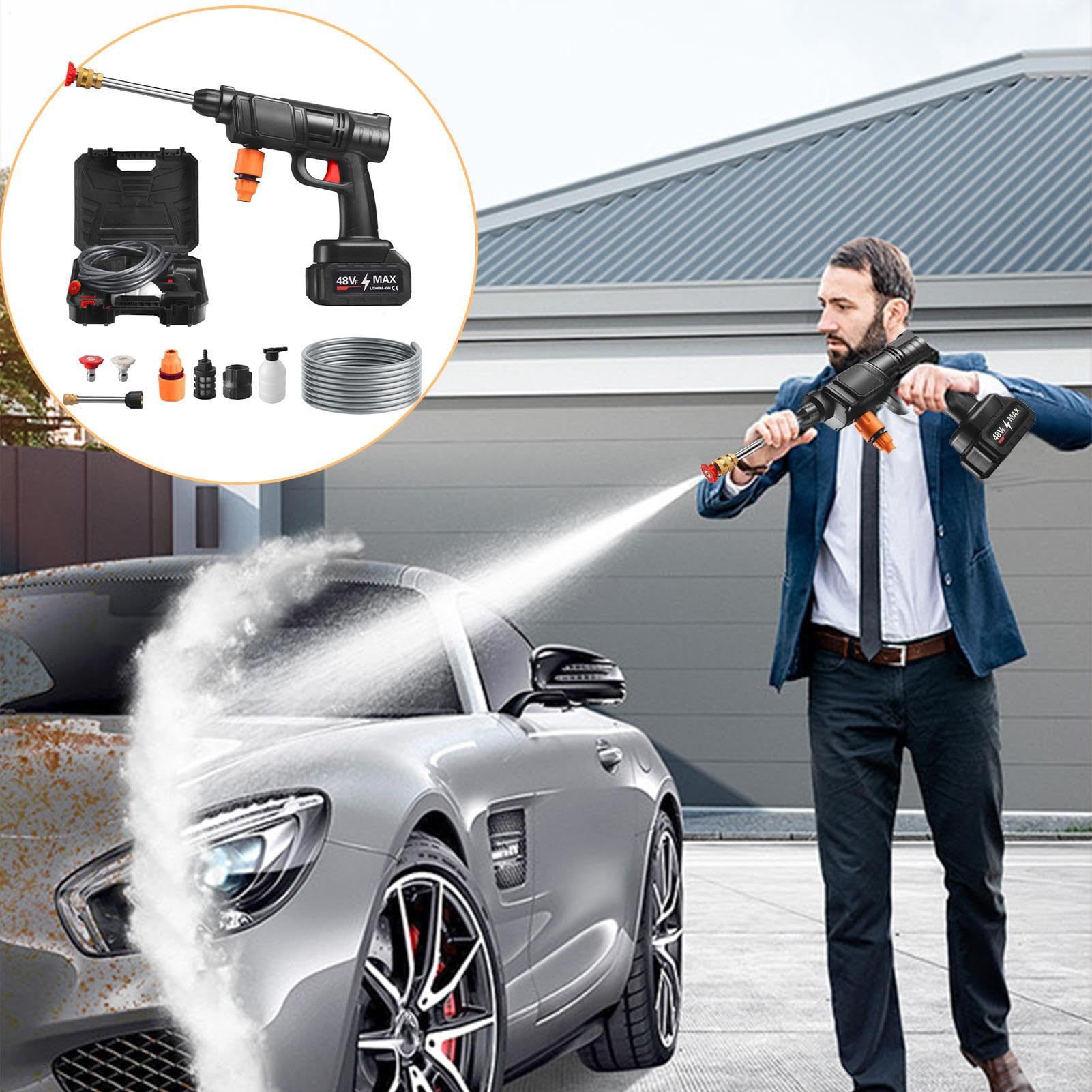 a Presión Portátil Eléctrica Portátil Sin Cable | Máquina de Limpieza con Manguera de 5 m para Lavado de Coches y Baño de Mascotas