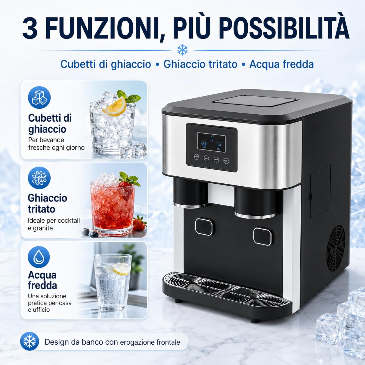 Macchina per il ghiaccio 3 in 1 con tritaghiaccio e acqua fredda, in acciaio inox per la casa, 16 cubetti in 7-9 minuti, robot da cucina compatto