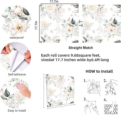 Miniatura 6 de BaoHArtHome Papel tapiz floral para despegar y pegar, papel de contacto extraíble con hojas de oro rosa, fácil de despegar, autoadhesivo, para