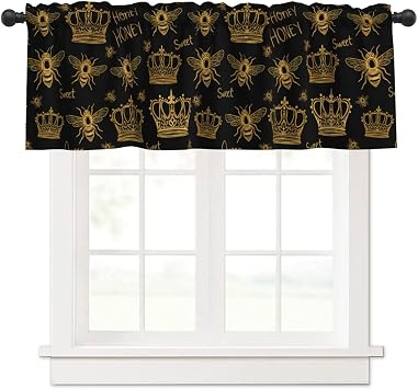 Golden Bee Crown Hone Sweet Queen Valances for Windows, Rod Pocket Kitchen Curtain Valances, Light Filtering Short Window Valance Curtains Topper for Bathroom Laundry Room, 54x18 Inch, 1 Panel