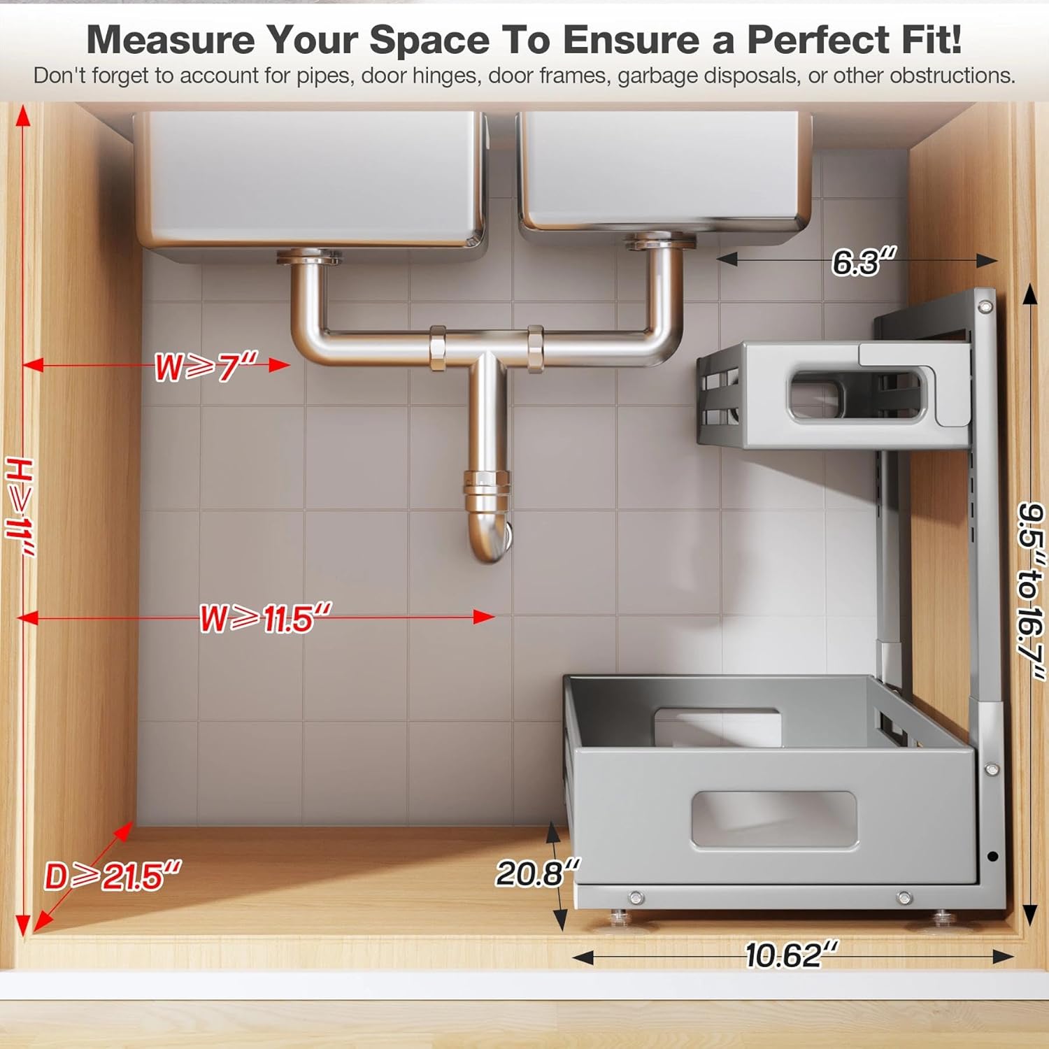 biboraya 2 pack 21in-depth under sink organizer,pull out cabinet organizer with smooth cylindrical rail,metal slide out drawer for kitchen bathroom laundry,8-level tool free height adjustable-gun gray 2 pack-21"dx9.5"-16.7"h gun gray