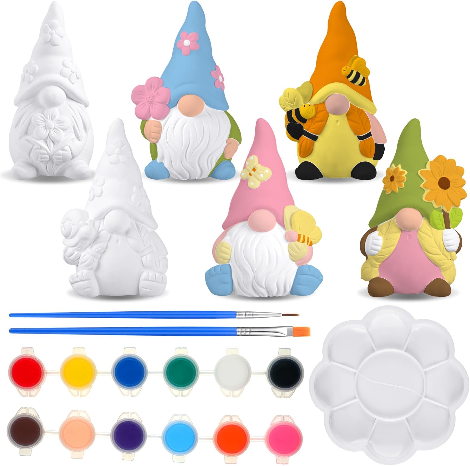 Poen 6 Sets Ready to Paint Your Own Ceramic Gnome Statues Spring DIY Unpainted Ceramics Gnome Figurines Kit Spring Crafts Gifts Drawing Figurines DIY Art and Craft with Brush Palette Paint for Adult