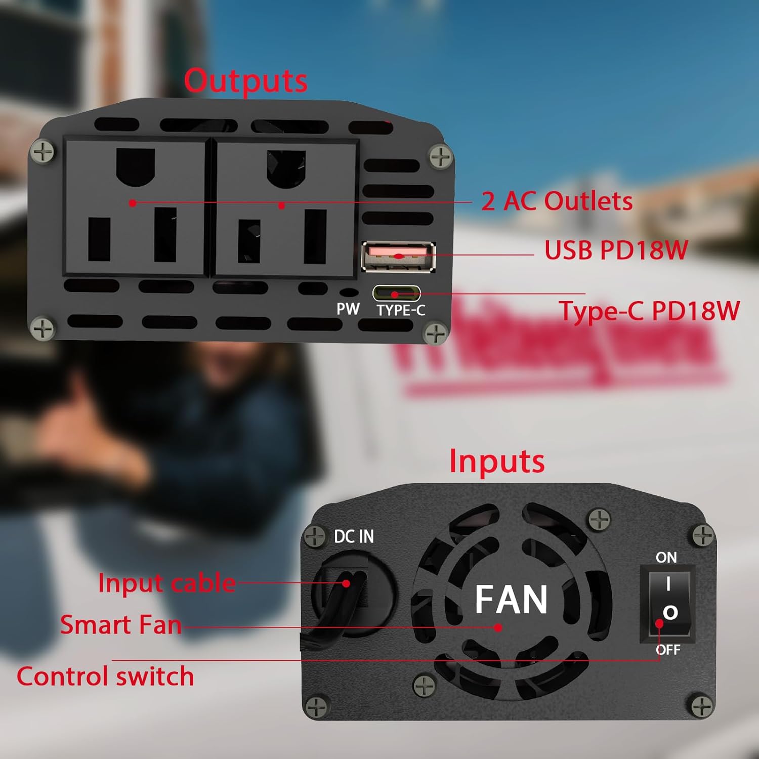 150W Power Inverter 12V DC to 110V AC Car Plug in Adapter Outlet with 2 AC Outlets, Type-C, USB Port Cigarette Lighter Adapter for Phone, Laptop and Small Devices on Road Trip