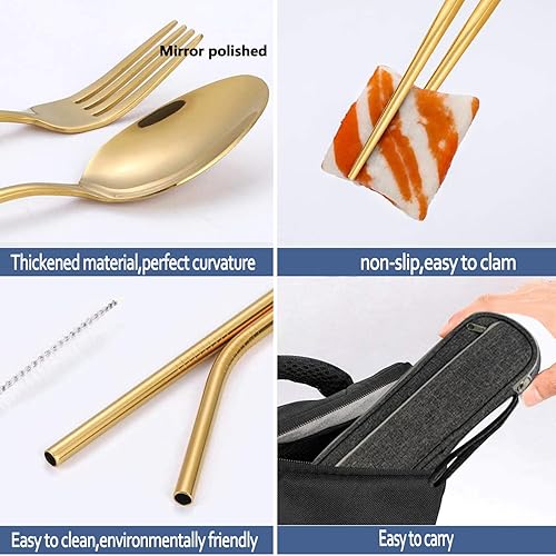 Miniatura 6 de Juego de utensilios de viaje de acero inoxidable con estuche, cubiertos portátiles, palillos, pajilla, color dorado