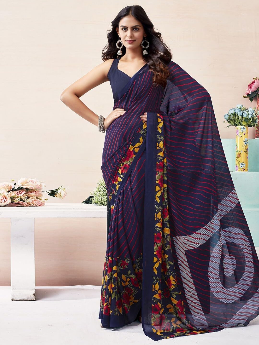 Shiv Textiles Women's Georgette Printed Saree(521S102_Blue & Purple)