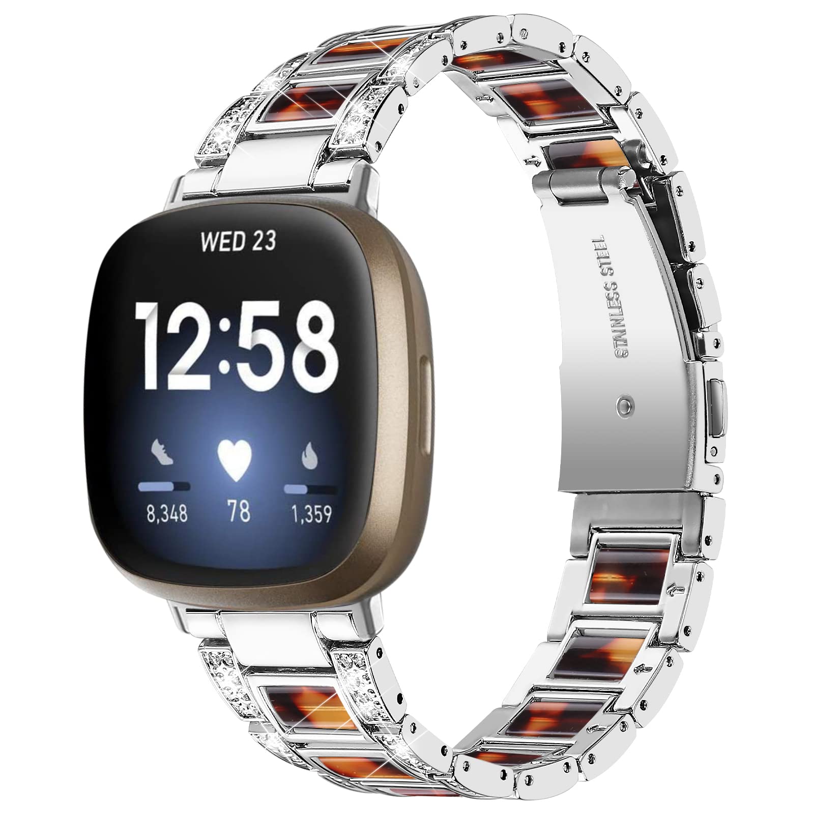 AISPORTS Compatible for Fitbit Sense 2/Versa 4 Strap Stainless Steel Resin for Women, Crystal Bling Glitter Diamonds Jewelry Metal Bracelet Sport Wristband Replacement Strap for Fitbit Sense 2/Versa 4