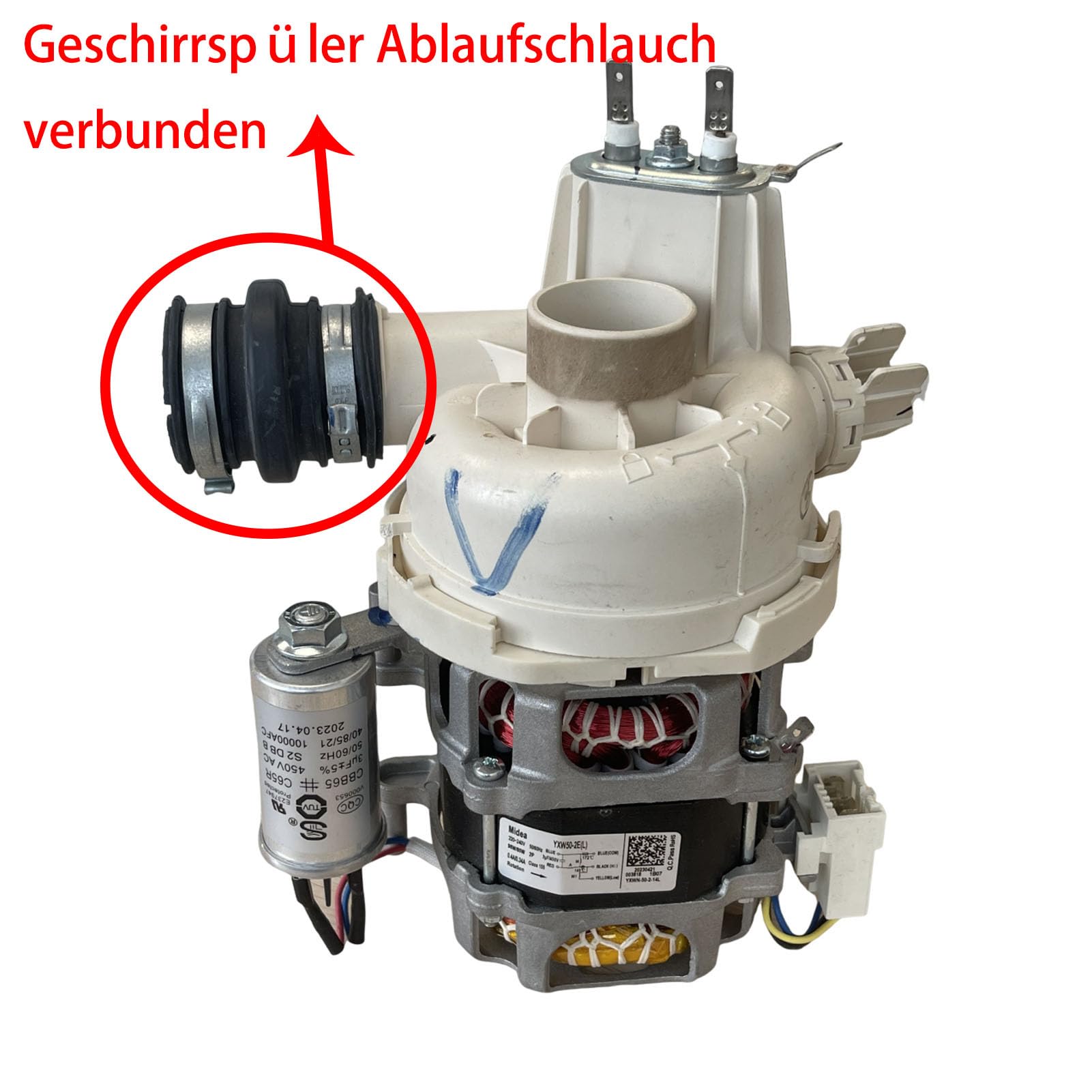 Geschirrspüler Abflussschlauch für YXW-502E(L）Umwälzpumpen angeschlossen an YXW-502E(L）Motor Kompatibel für Midea Geschirrspüler