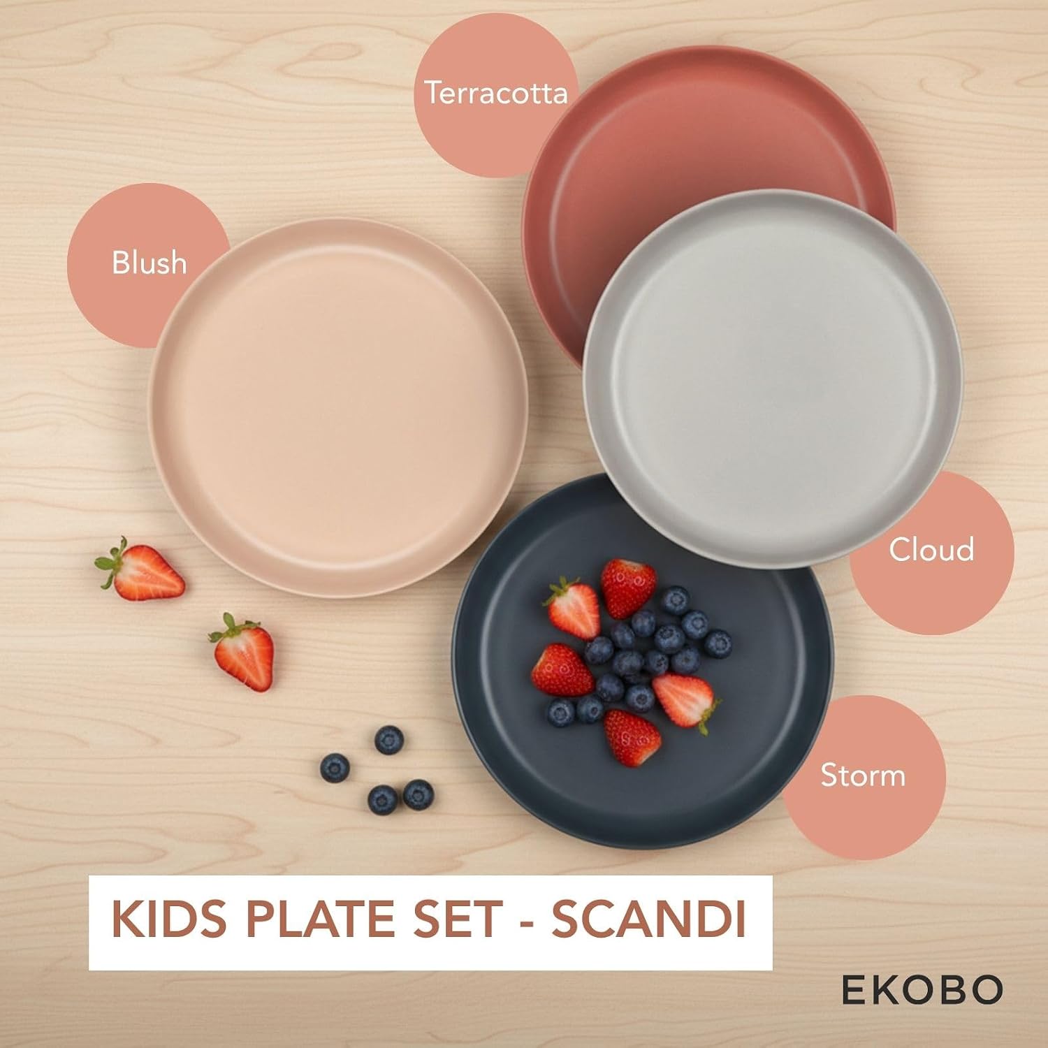 EKOBO Bamboo Kids Plates Set SCANDI – 4 Reusable 7" Bamboo Plates in Scandi Colors (Blush, Cloud, Storm, Terracotta), BPA-Free Eco Dinnerware for Kids (Ages 6+), Durable, Stackable, Dishwasher Safe