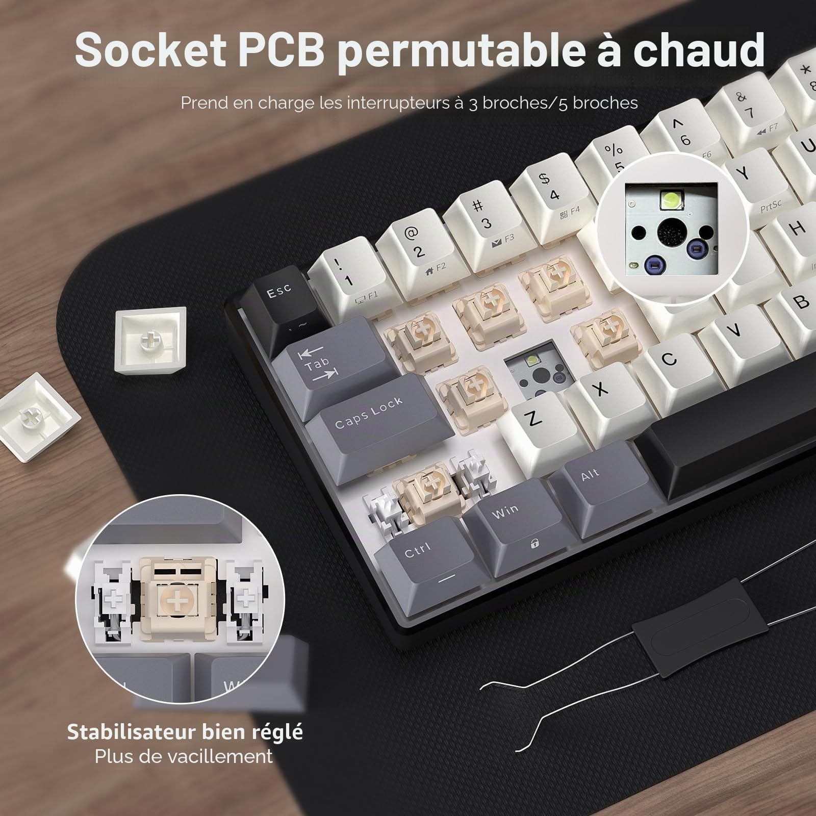 RK ROYAL KLUDGE RK61 60% Clavier mécanique sans, Format Mini Portable