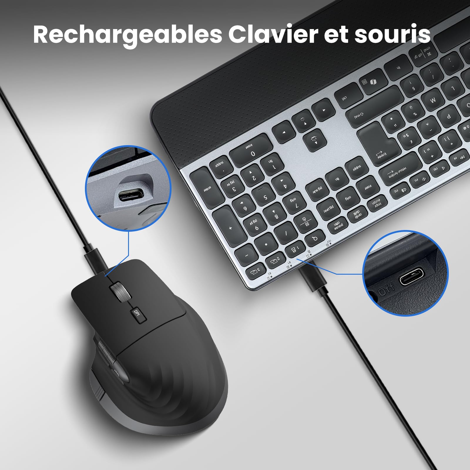 CITLLA Clavier Souris sans Fil Rétroéclairé Rechargeable Ergonomique, Réglable Support et Repose-Poignets,4 Niveaux DPI Hyper-Rapide Défilement Souris silencieuse pour Ordinateur Bureau PC Laptop