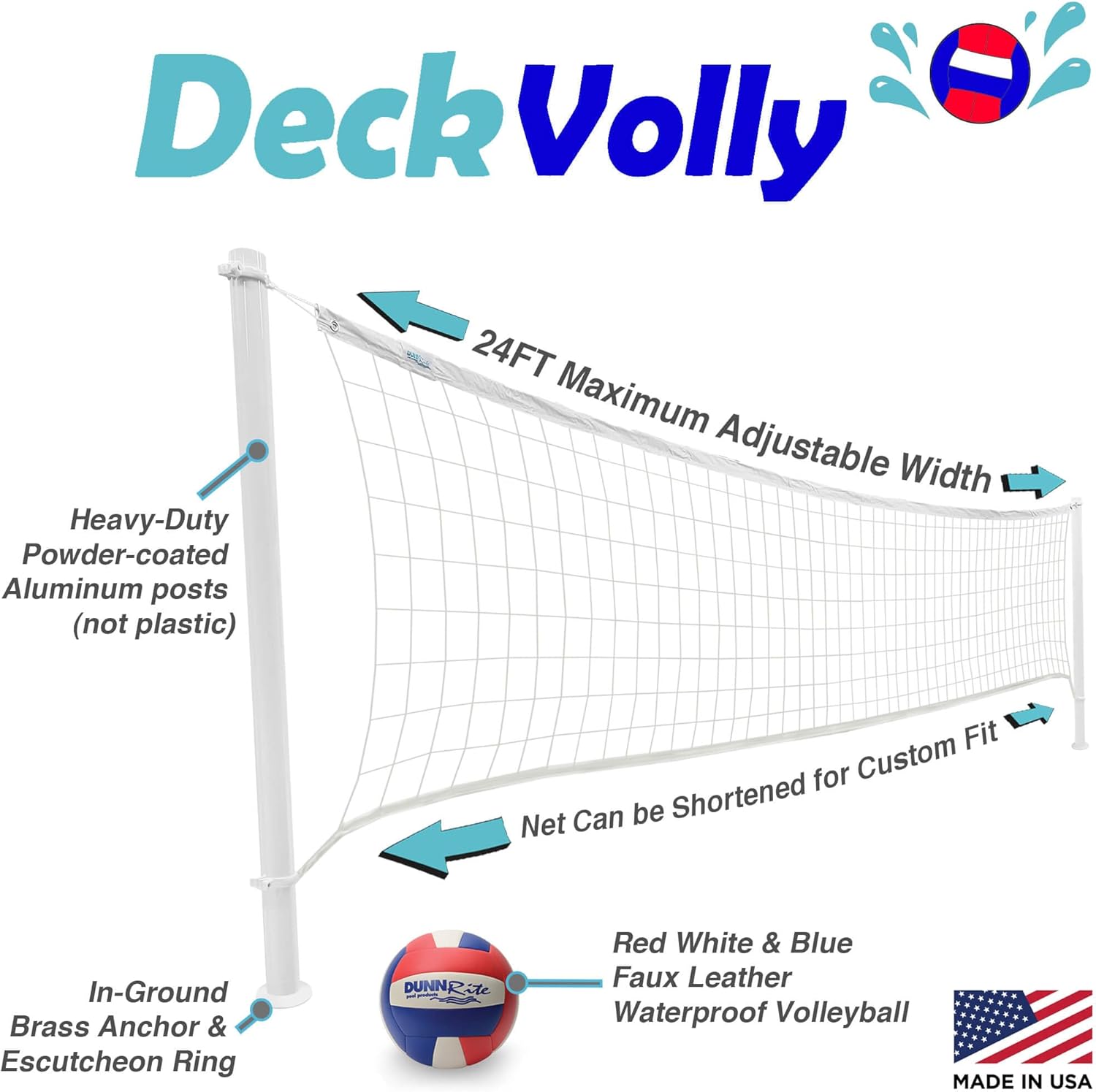 Dunn-Rite DMV100BR DeckVolly Water Game Activity Aluminum Swimming Pool Volleyball Set with Ball, Aluminum Posts, and Adjustable 24 Foot Net, White
