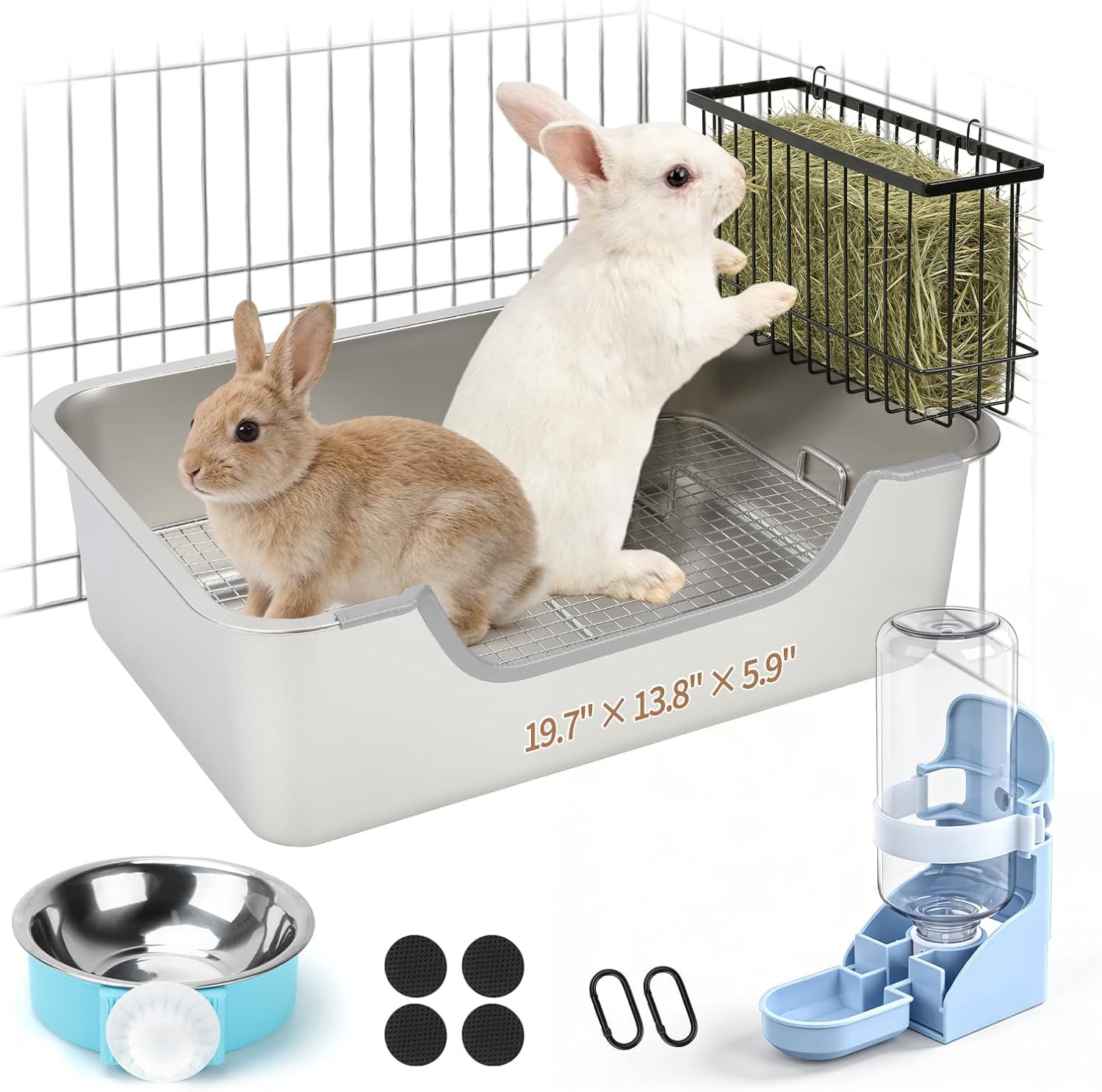 BWOGUE Extra Large Rabbit Litter Pan with High Sides, Stainless Steel Litter Box for Bunny, Metal Rabbit Toilet Tray with Hay Feeder & Water Dispenser for Small Animals, Easy to Clean, Odor Control