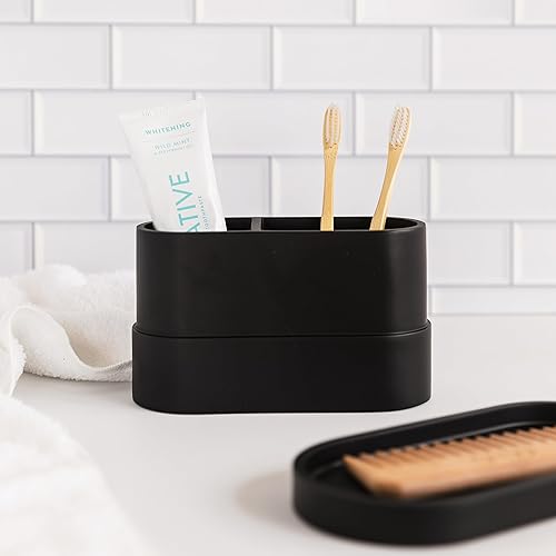 Miniatura 6 de Soporte grande para cepillo de dientes y pasta de dientes negro mate y taza para tocador de baño y encimera, organizador de 2 compartimentos para