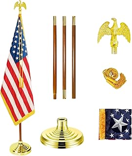 Presidential Indoor FlagPole - Solid Oak Wooden 8FT Flagpole with Base, 3x5 USA Flag-Polyester Canvas Embroidered Stars, Eagle Topper, Cord Tassel, for Office School City Hall.