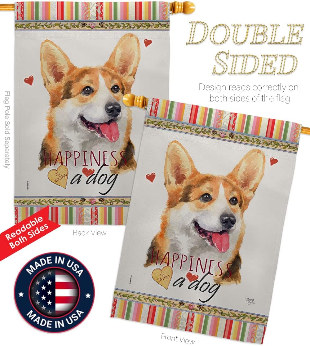 Breeze Decor Pembroke Welsh Corgi Happiness Garden House Flag-Kit Dog Puppy Spoiled Paw Canine Fur Pet Nature Farm Animal Creature Decoration Banner Small Yard Gift Double-Sided, Made in USA