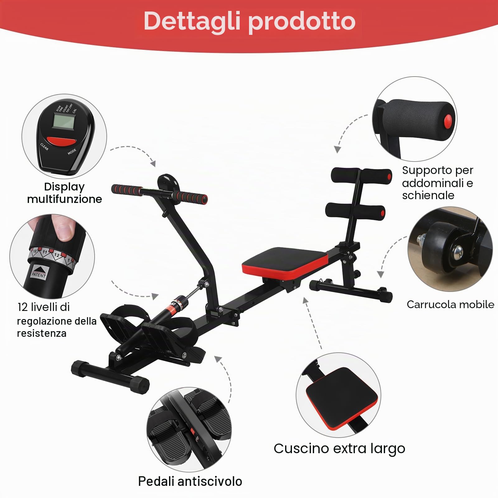 Vogatore casa pieghevole vogatore con 12 livelli di resistenza, monitor LCD per allenamento domestico, carico massimo 120 kg