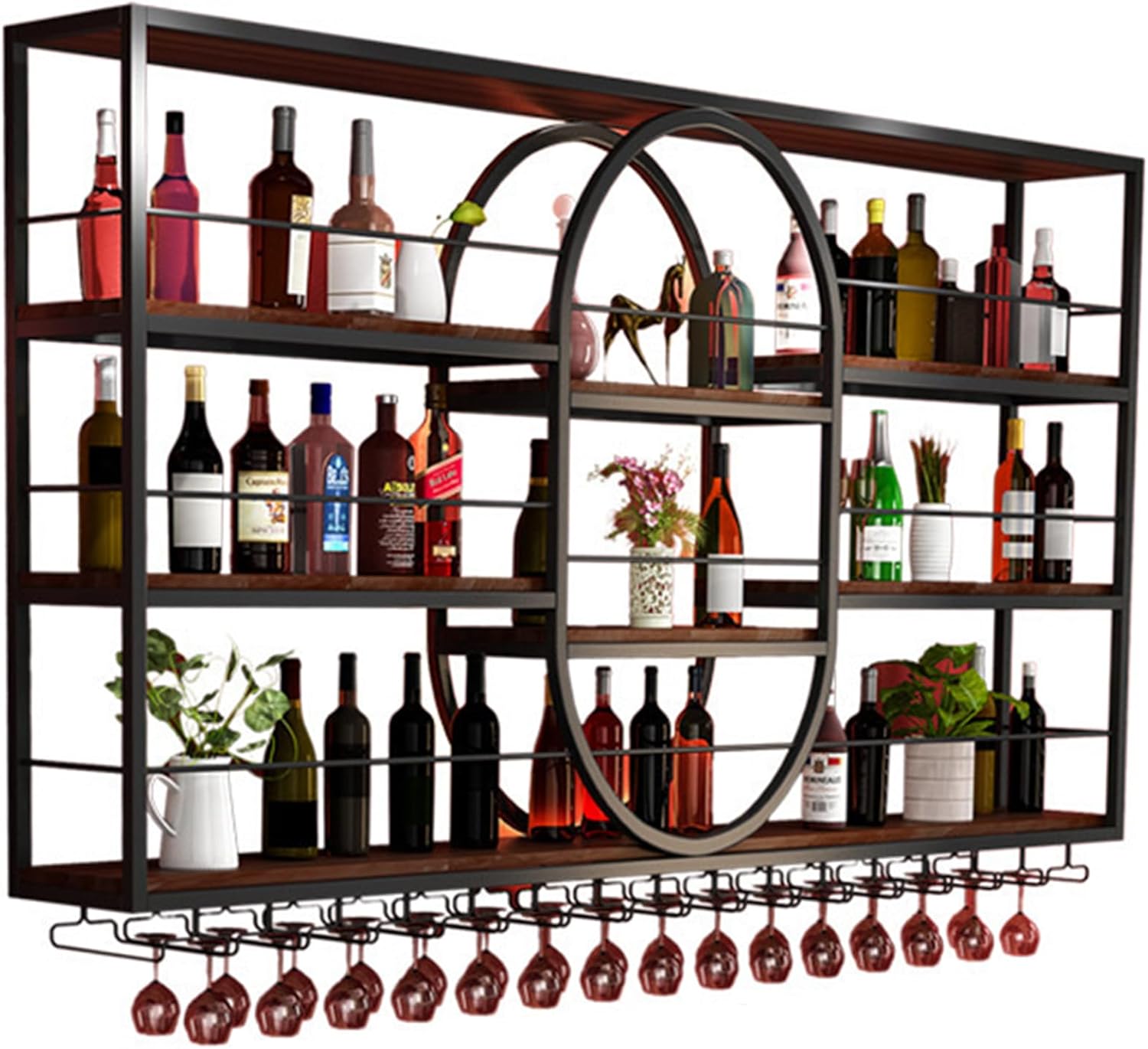 工業用バーシェルフ 壁掛け式 多機能吊り下げ収納棚 ワイングラスホルダー付き 家庭用 レストラン バー用 100×20×120cm 