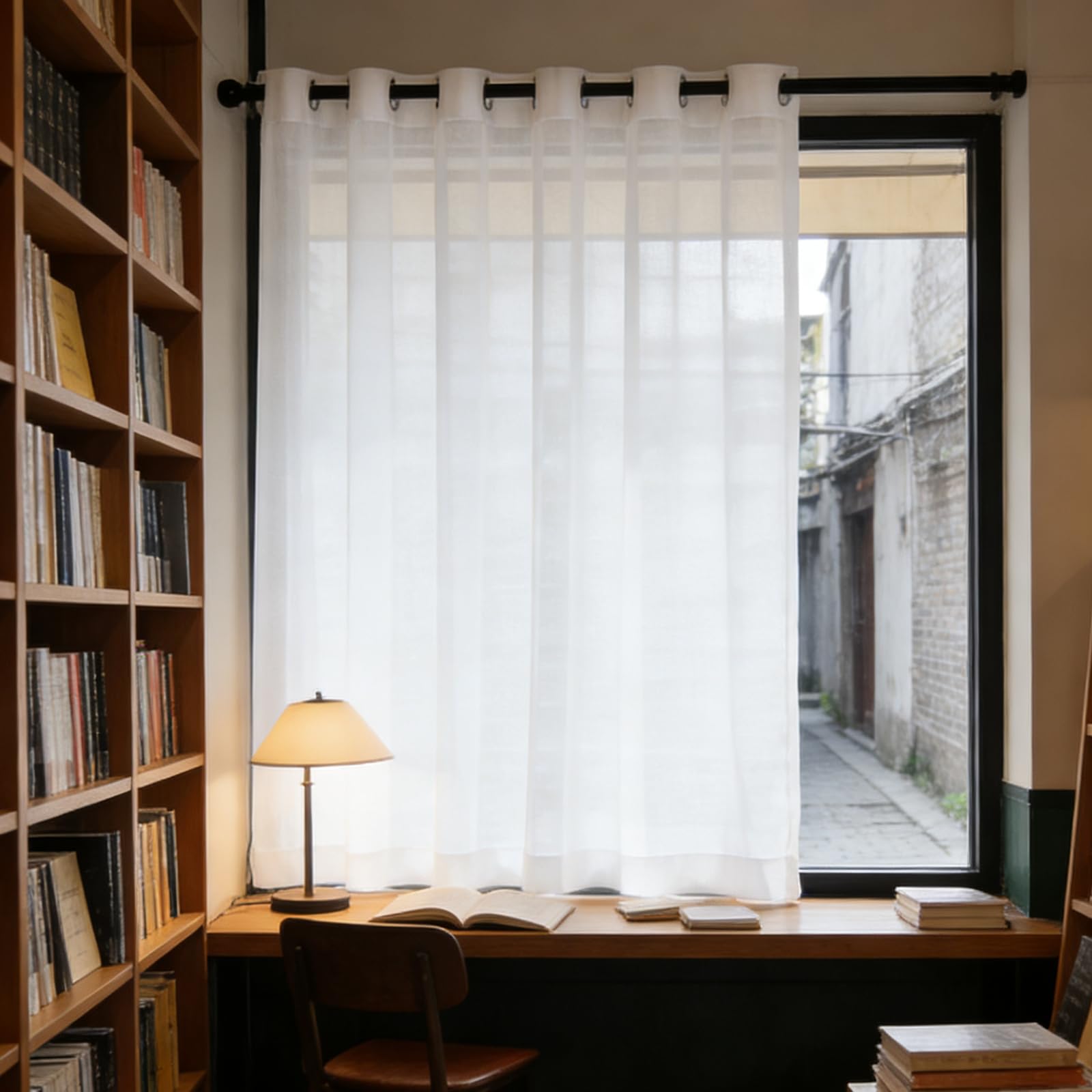 Cortinas blancas 110x148 cm con ojales y visillos translúcidos de aspecto lino para el salón