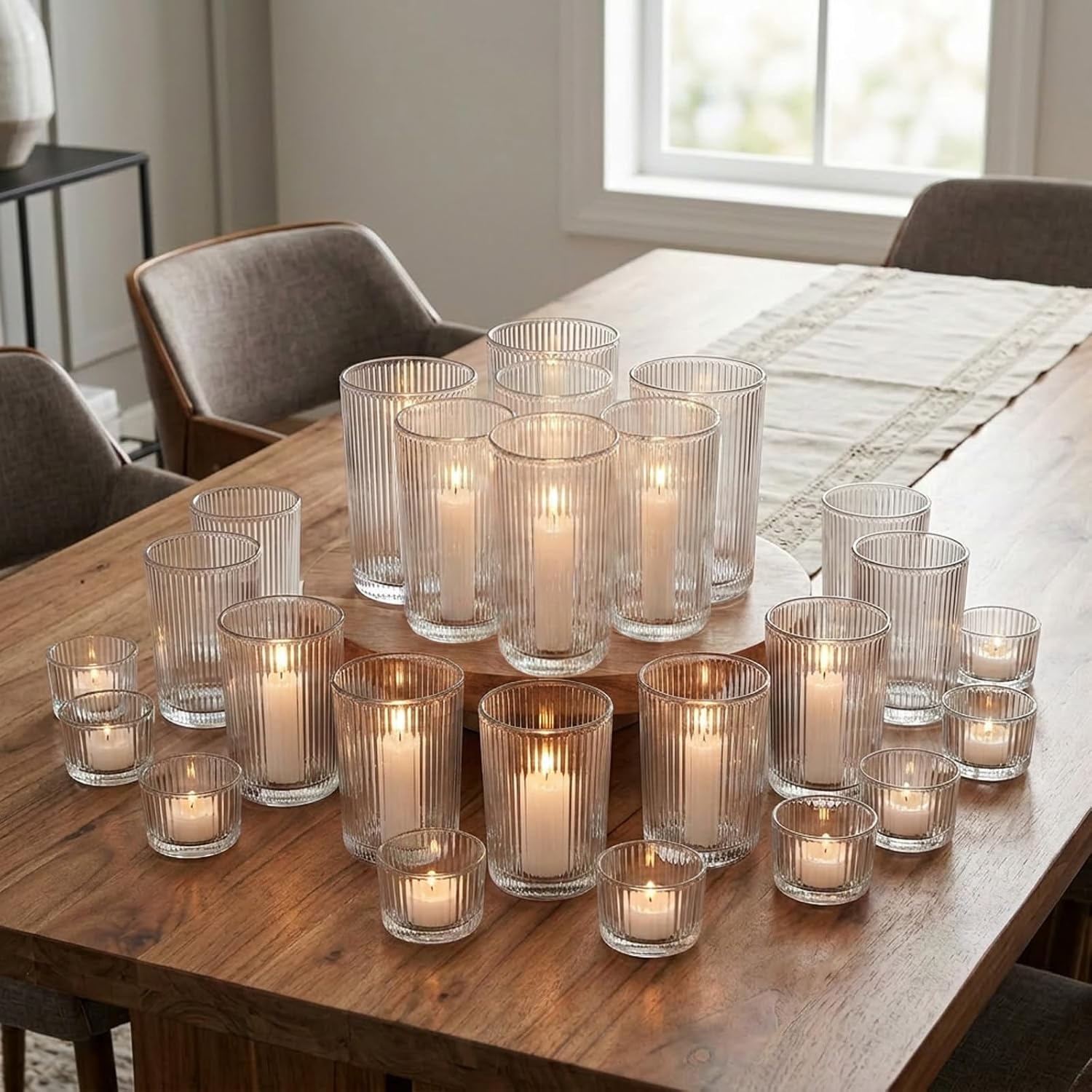 27 Pcs Assorted Votive Candle Holders, Bulk Ribbed Glass Tealight Holders, Clear Textured Glass Decorative Vessels, Table Centerpiece Ornament for Wedding Ceremony, Baby Shower