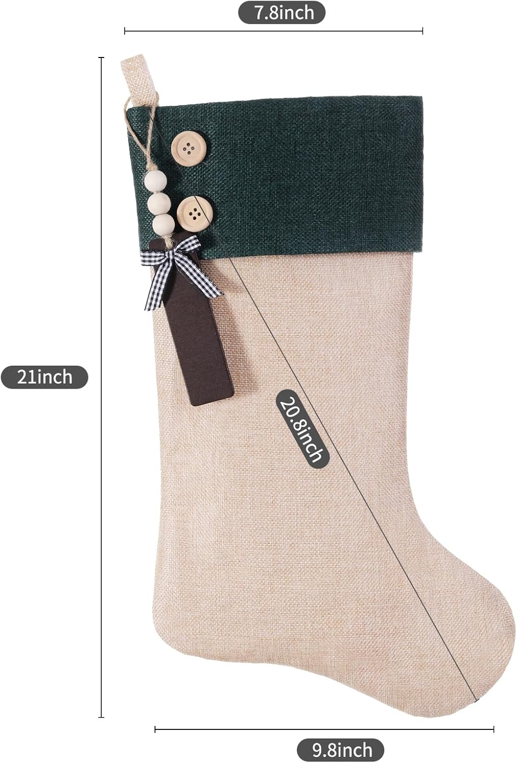 19.5 inch Personalized Burlap Christmas Stockings，Blank Wooden Tags DIY Name,Holiday Party Decor（Green flaxen 12Pcs）