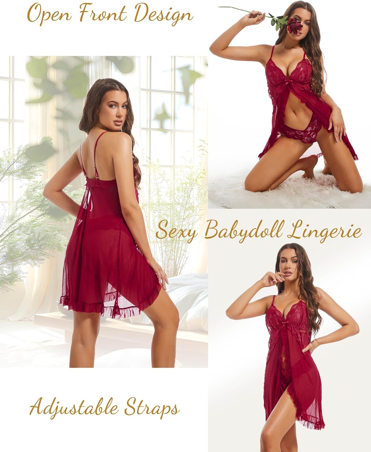Sexy Lingerie Set 2 Piece for Women, Lace Kimono Robe with with Lace Babydoll Dress - Image 4