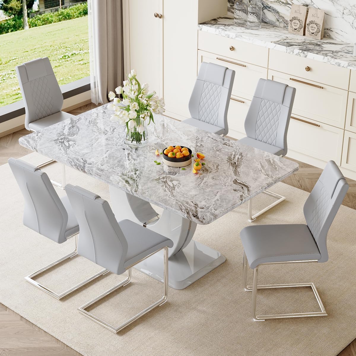 JUFU Modern Kitchen and Dining Table and Chairs Set – 63in