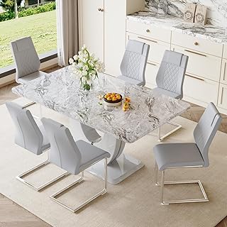 JUFU Modern Kitchen and Dining Table and Chairs Set - 63in Grey Rectangular Table with Faux Marble Top and 6 Faux Leather Chairs - Ideal for Dining Room