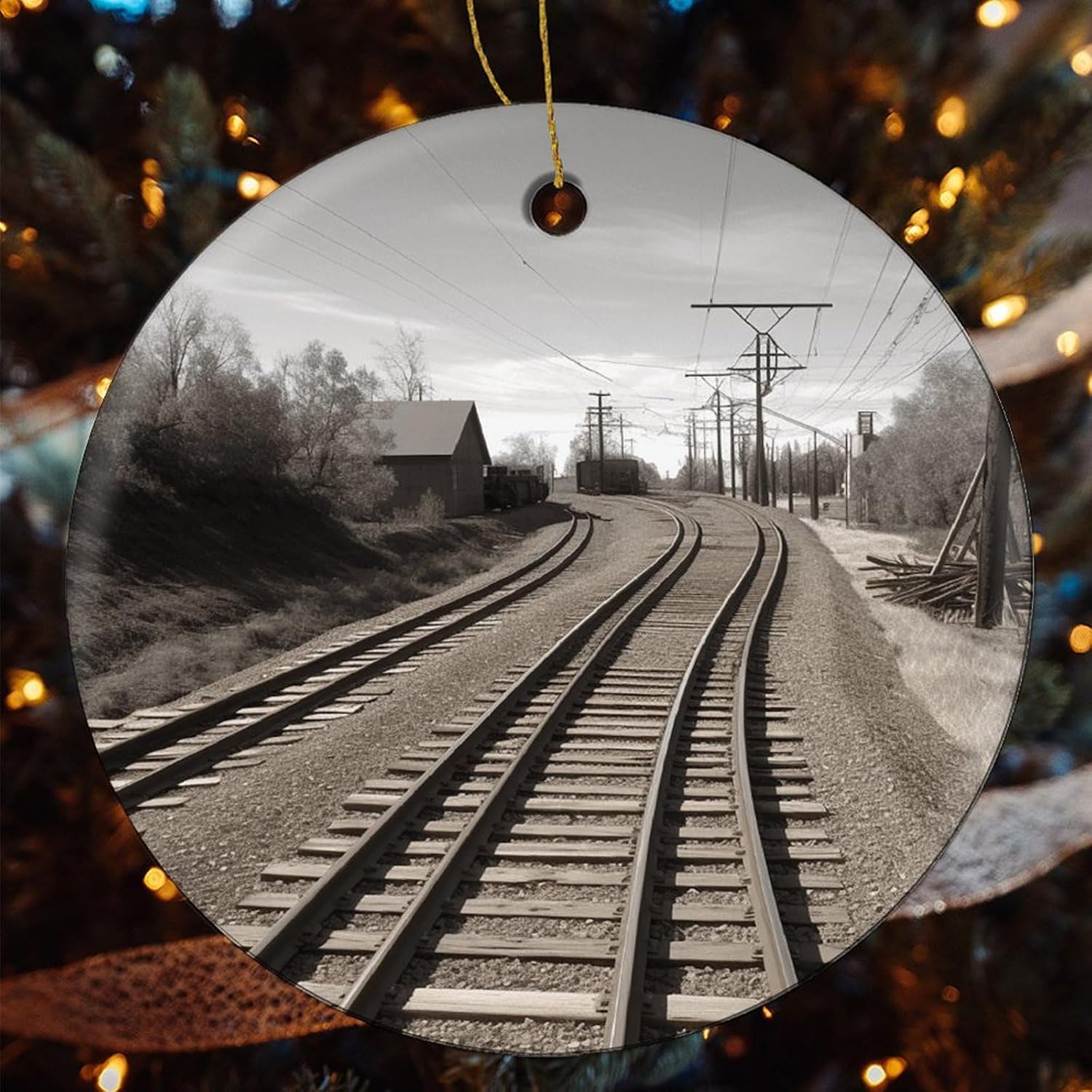 Round Ceramic Christmas Ornaments, Personalized Family Christmas Circular Pendant Train Track Printed Christmas Tree Circular Decoration for Indoor Outdoor 4 Pcs