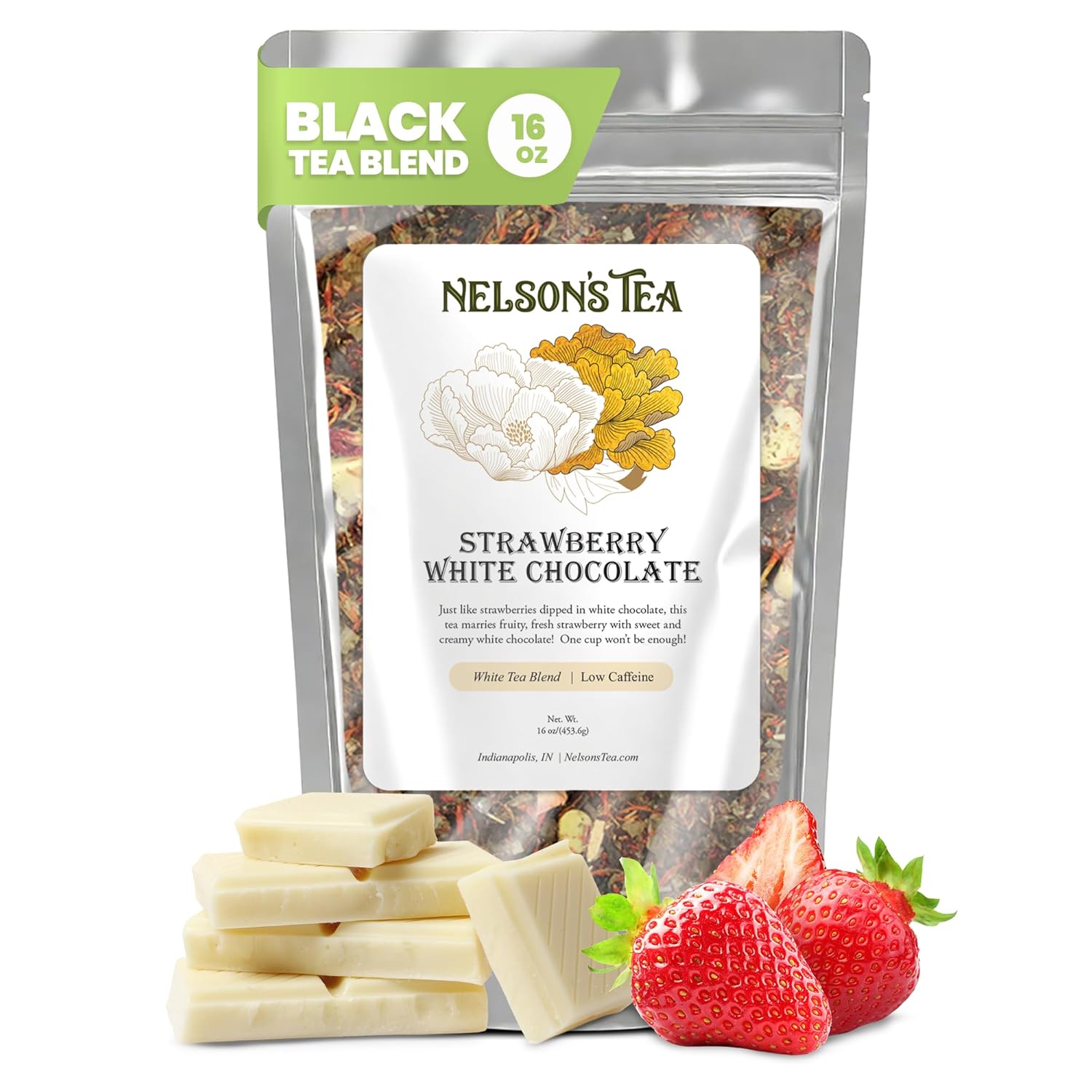 Nelson's Tea - Strawberry White Chocolate Tea - Loose Leaf Blend - Black tea, white tea, rose buds, rose hips, safflower, strawberry leaf, strawberries, and white chocolate - 16 oz