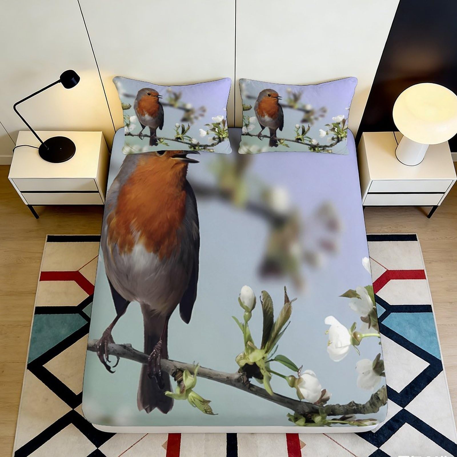 3D Printed Robin Bird Fitted Sheet Microfiber Soft Spring Blossom Bed Cover for Bedroom Guest Room Decor 90x200x25cm