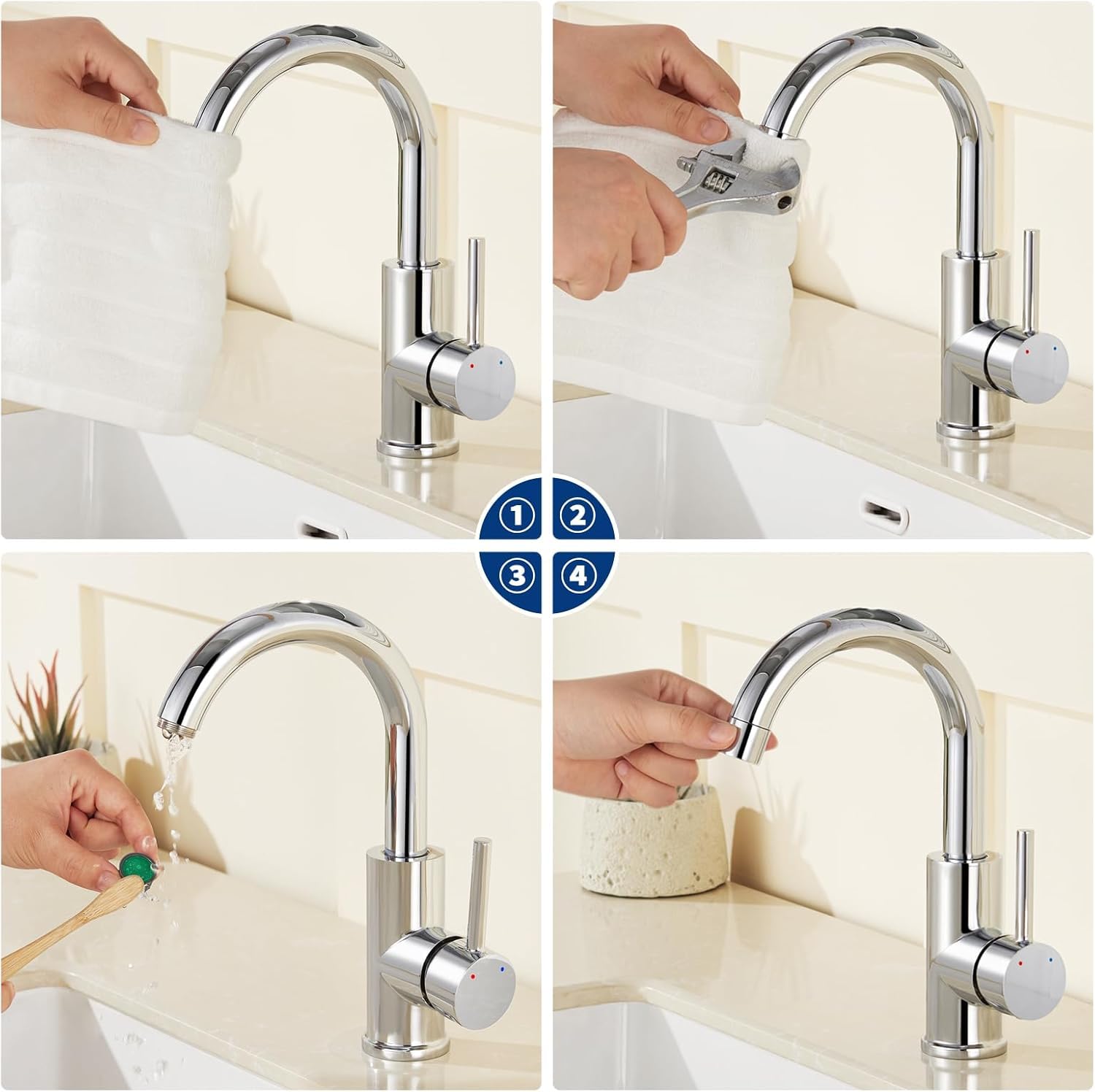 Auralum Niederdruck Armatur Bad Wasserhahn mit 3 Anschlüssen für Boiler | Waschtischarmatur hoch, 360° Schwenkbar, Strahlregler abnehmbar, Auslaufhöhe 147 mm, für drucklose Warmwasserspeicher, Chrom