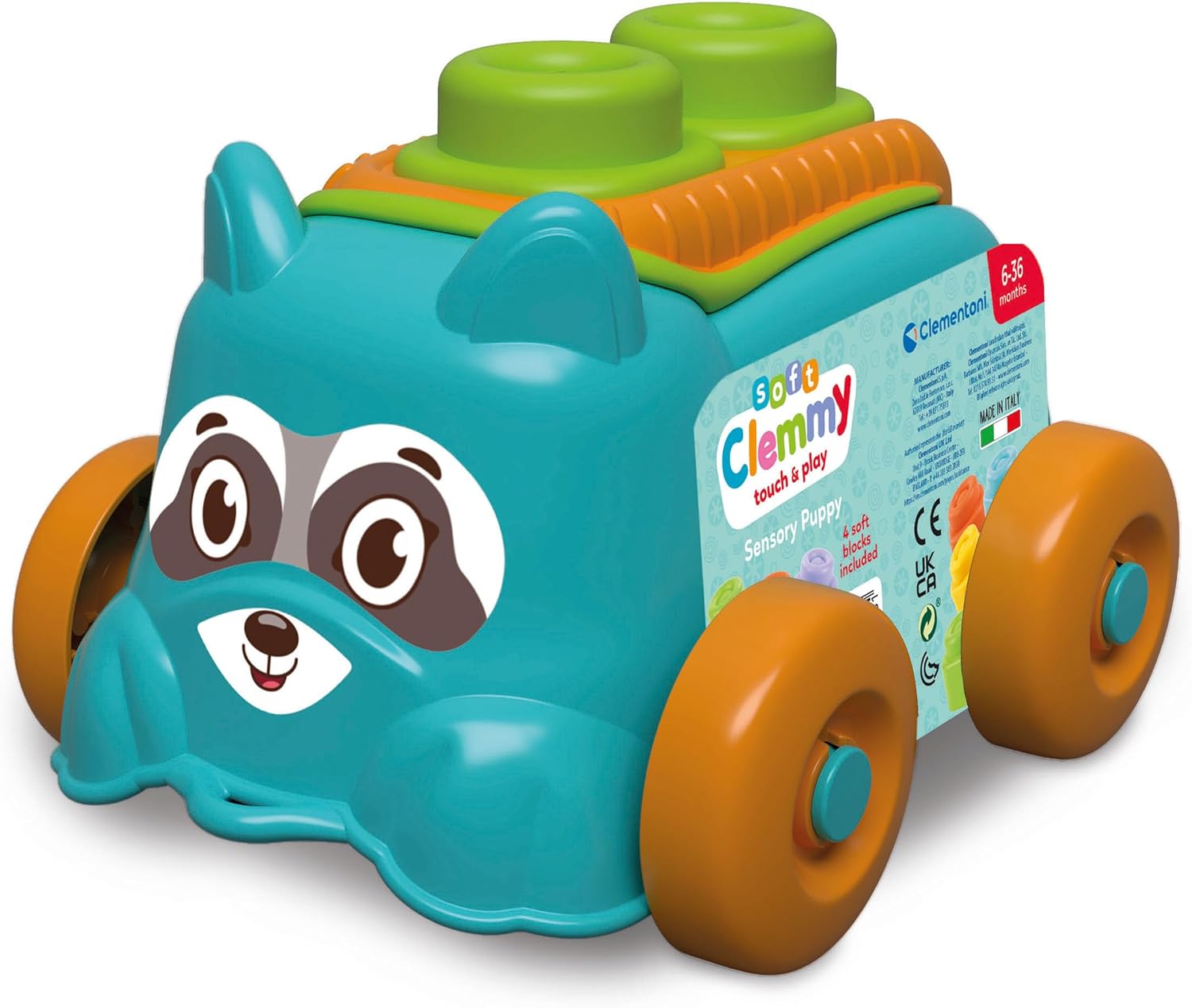 Clementoni - Sensory Puppy Raccoon Children's Buildings, Clemmy Soft Bricks Set Early Childhood, Blocks for Children 6 Months, Washable Sensory Game, Made in Italy, 17488
