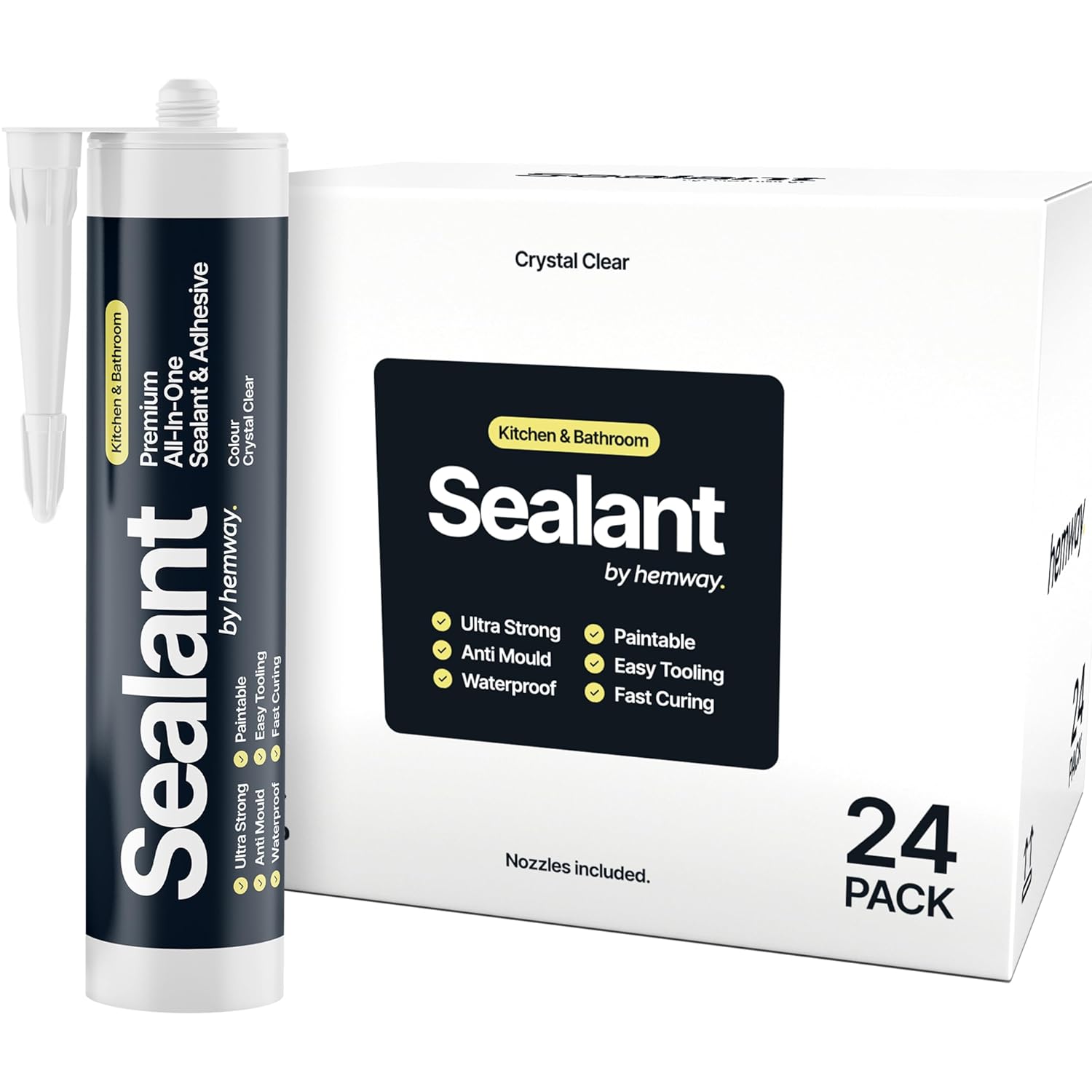 Crystal Clear Kitchen & Bathroom Sealant & Adhesive Hybrid Polymer | Superior to Silicone Caulk Sealant | Waterproof, Odorless, Paintable | Ideal for Around Bathtub, Shower, Kitchen - 300ml 24 Pack