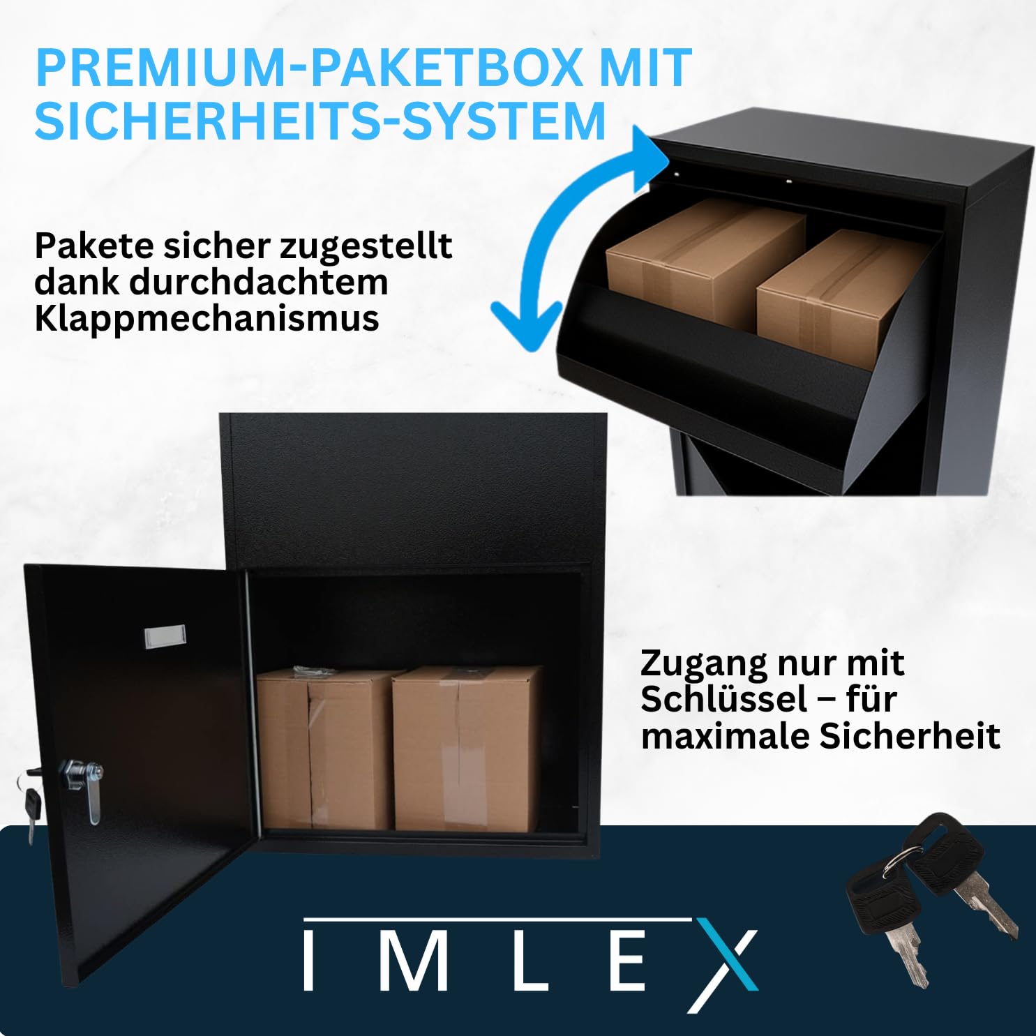 IMLEX Paketbox Paketbriefkasten IM-PB75 Paket Box | Briefkasten mit Paketfach | Wand- und Bodenmontage | Paketgröße bis zu 37x30x18 cm (Schwarz)