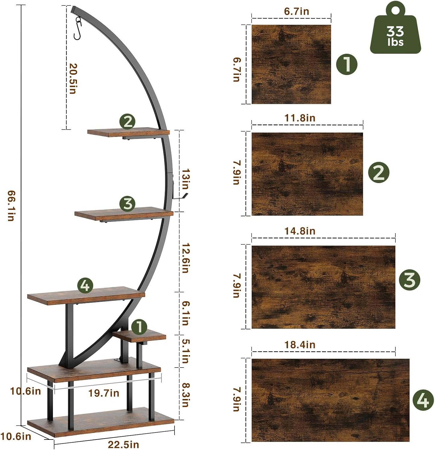 GREENSTELL Plant Stand with Grow Lights, Half Moon 7 Tiered Metal Plant Shelf, Multiple Tier Curved Ladder Flower Pot Stand Display Rack for Indoor Living Room Patio Garden Balcony Brown (1 Pack)