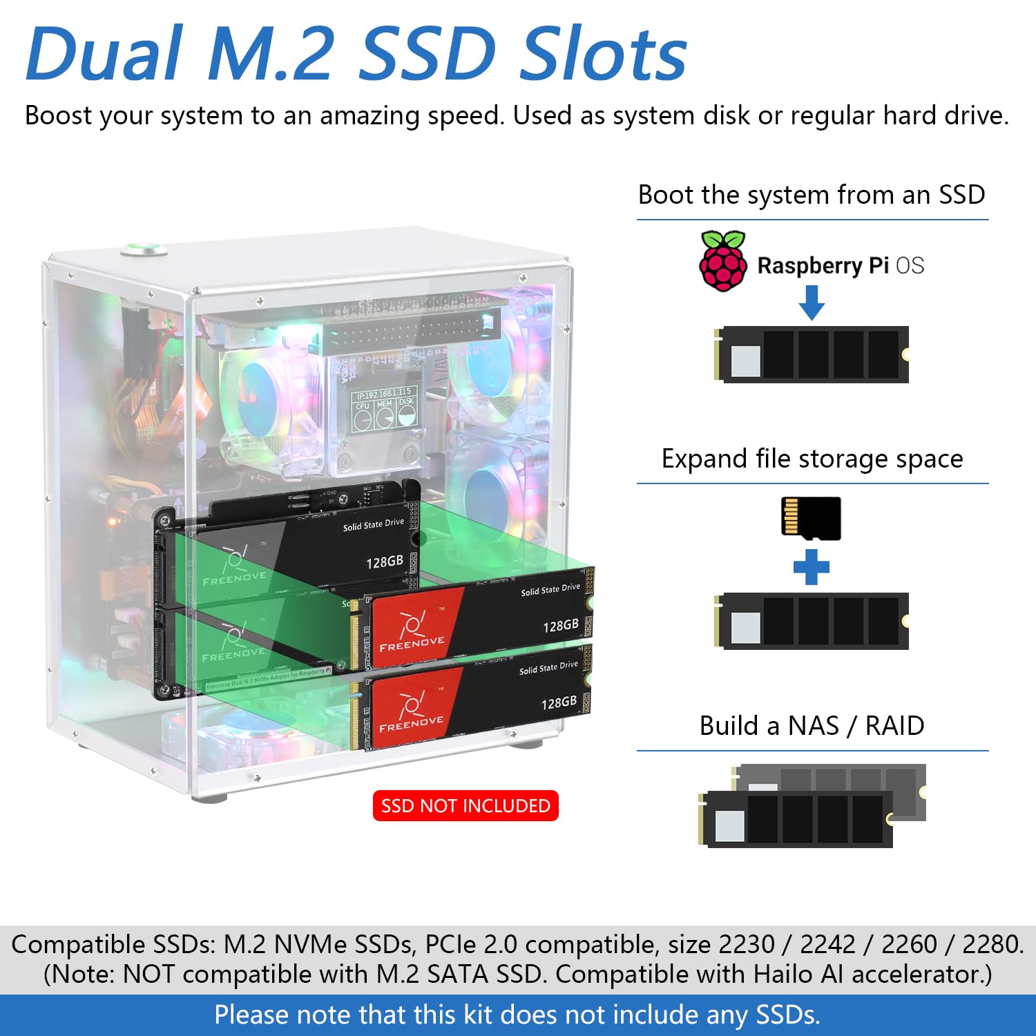 Freenove Raspberry Pi 5 Case Kit Pro, Dual M.2 NVMe SSD Slots, 5 PWM ARGB Fans Light Sync, CPU Tower Cooler, 0.96" OLED Screen, Stereo Speakers, 3.5 mm Audio (SSD NOT Included)