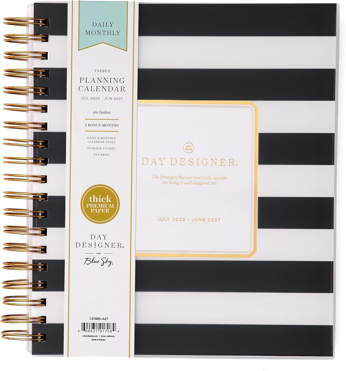 Blue Sky 2026-2027 Daily & Monthly Academic Planner, 8"x10", Black Stripe | July 2026 - June 2027, Flexible Cover, Laminated Tabs, Storage Pocket, Stickers, Academic Year, Day Designer