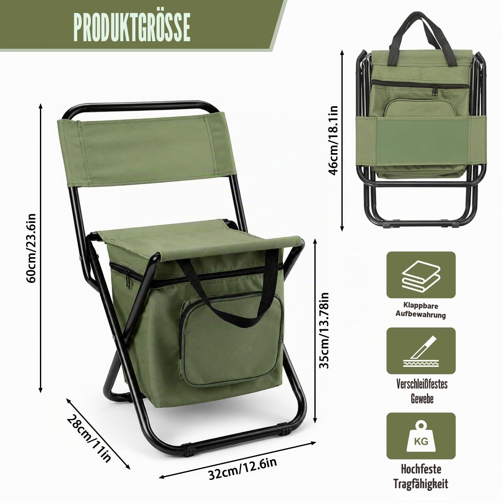 Klapphocker Faltbar,Tragbarer Klappstuhl for Den Außenbereich,Campingstuhl Anglerstuhl,Aufbewahrungstasche mit Kühlfach,Leichter Angelhocker für Wandern, Angeln und Draussen