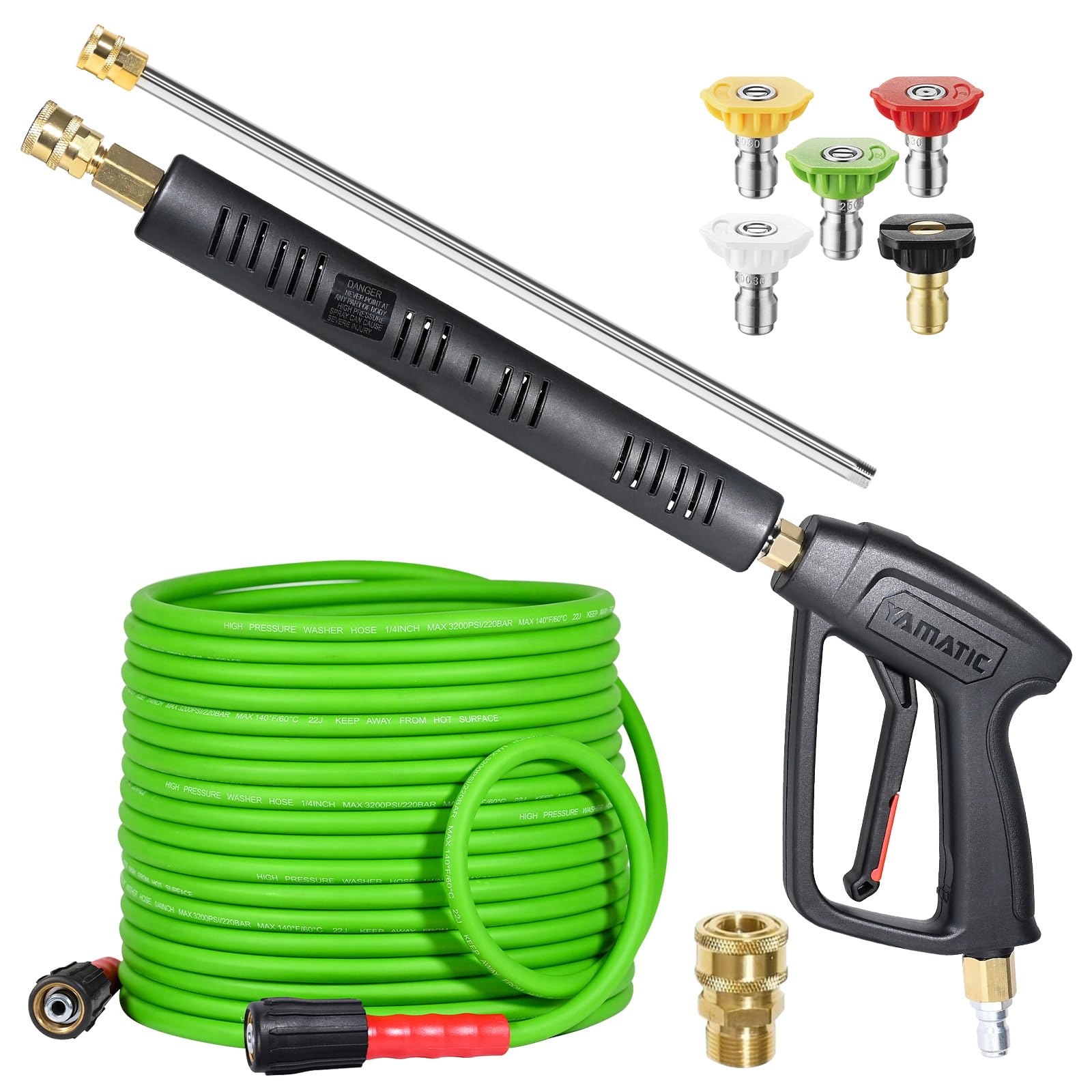 Photo 1 of YAMATIC Pressure Washer Gun and Hose, 50 FT Flexible Hose with Stainless Steel Extension Power Washer Wand, 3/8" Swivel Quick Connect & M22-14mm Adapter Replacement for Ryobi Simpson Honda (Green)