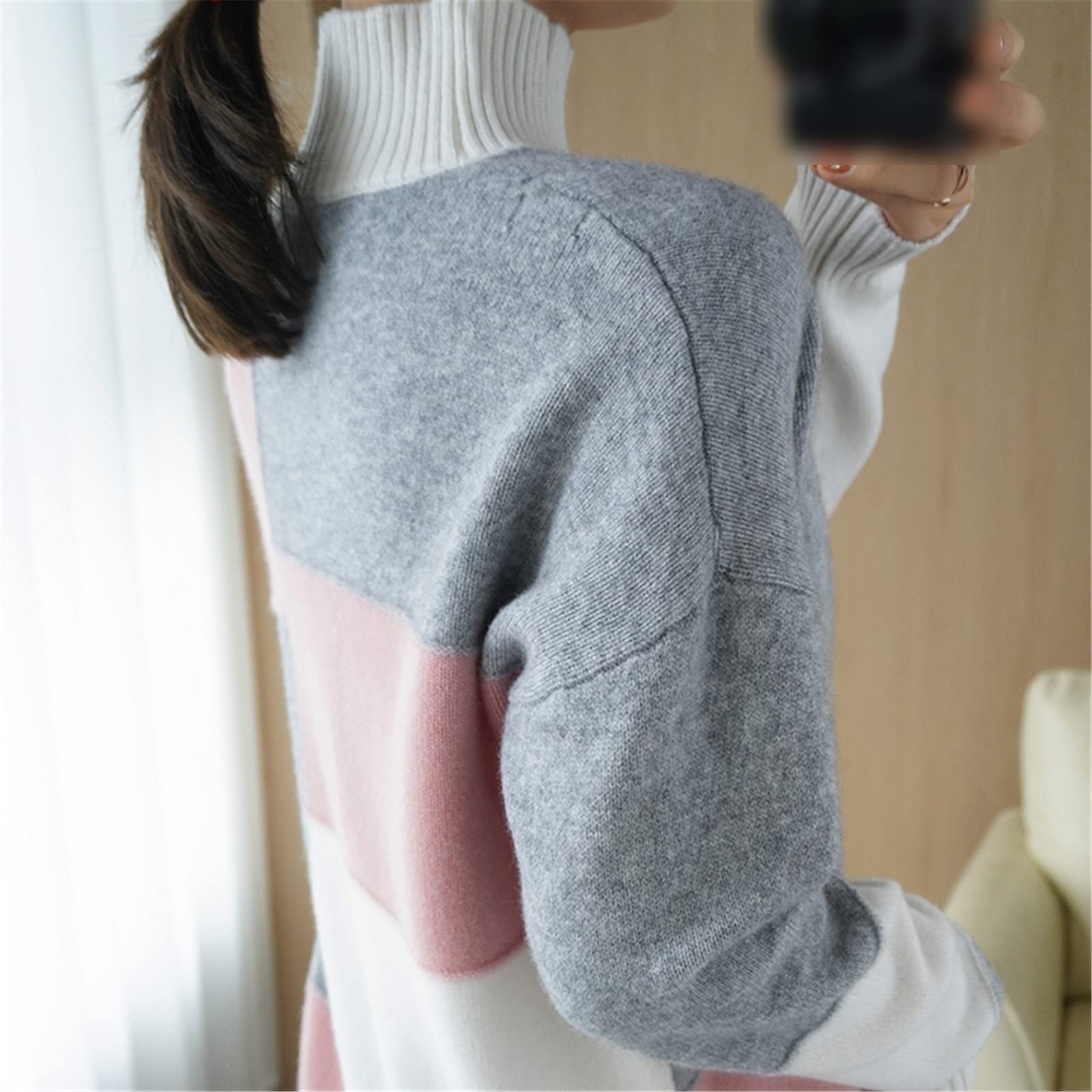 Kelsiop Maglione di cachemire Dolcevita da donna Color-Blocking 100% Lana Pullover Moda Caldo Maglia Bottoming Shirt