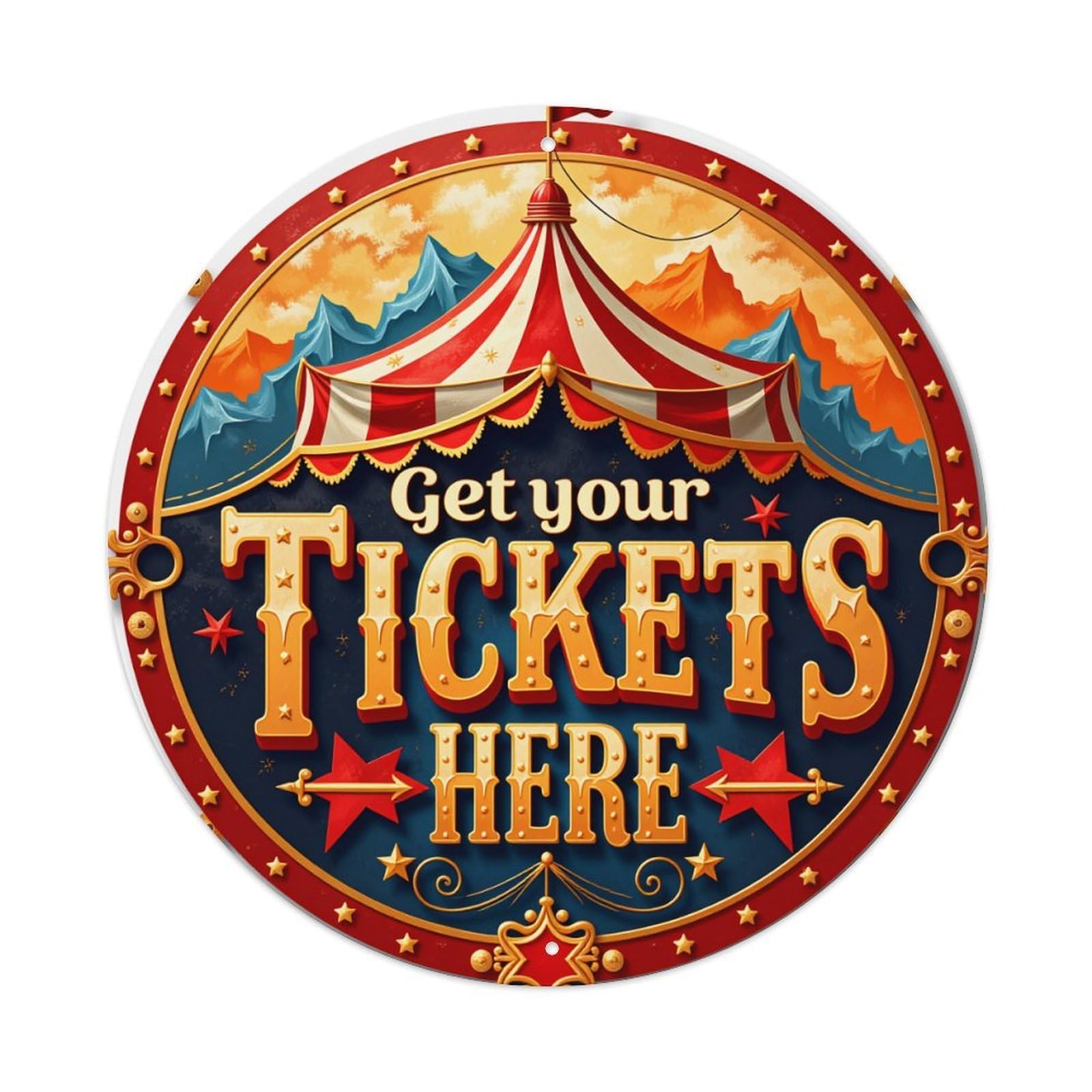 Circus Tent Stars Mountains Sky Round Tin Sign Vintage Metal Poster, Home Bar Garage Man Cave Cafe Indoor & Outdoor Wall Decoration 8x8Inches