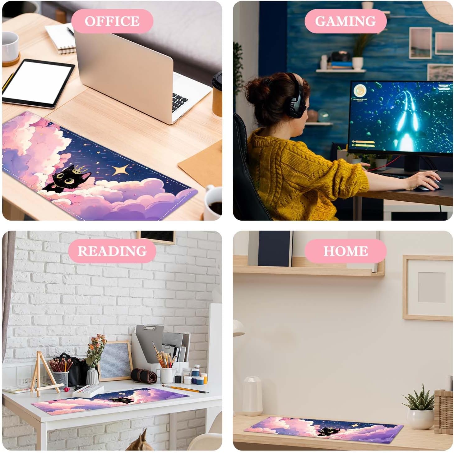 Cat Lover Gifts,Starry Night Cat Mouse Pad,Desk Matt for Desktop,Cute Desk Pad Mat,Large Mouse Pad,Big Mousepad,Clouds Deskmat,Keyboard Pad Mouse Mat for Computer,Work,Gaming,Gifts for Women image 4