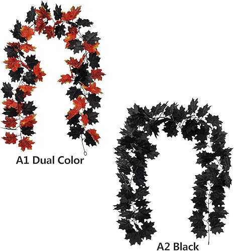 Miniatura 5 de Paquete de 2 guirnaldas de hojas de arce, enredaderas artificiales negras colgantes de hojas de otoño, guirnalda artificial de follaje otoñal para