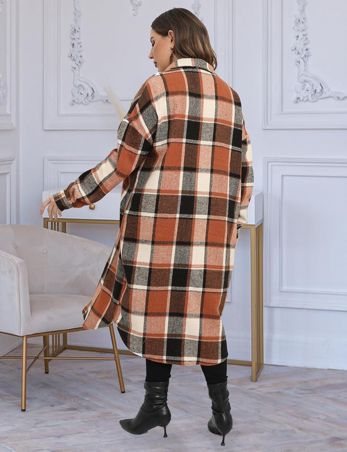 CYCLAMEN 2024 Women's Plus Size 1X-5X Long Flannel Plaid Shacket Jacket Calf-Length Button Down Coat Shirt Pocket Fall Winter - Image 2